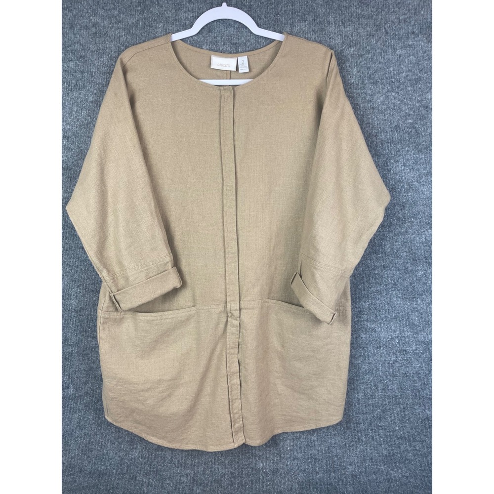 Chico's Tunic Top Womens 2 Tan Excellent Linen Cotton Button Front Pockets - Picture 1 of 13